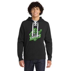 Black lace up hoodie with true neon green Neon Knights logo, player name, number, and neon green laces. Warm, comfortable, and fully personalized team gear for practices, tournaments, and cold rinks.